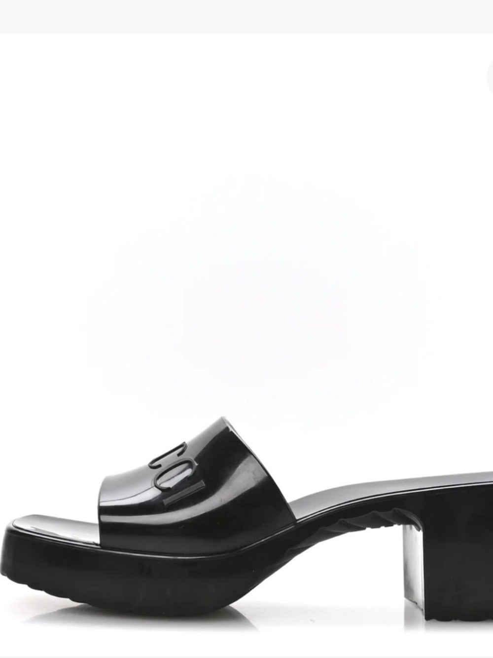 Gucci Black Patent Rubber Mule Sandal with Logo